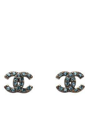Chanel CC Logo Stud Earrings Silver Blue Metal Line Stone